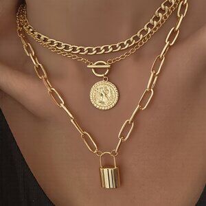 3pc Gold Layered Chain Necklace Set | Coin + Lock Pendant | Cuban & Paperclip